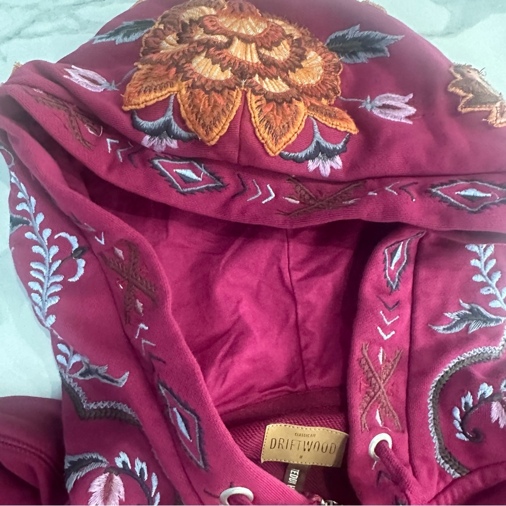 Driftwood Jacket Women Sz Medium Maroon Teddy Floral Embroidered Zip Up Hoodie - Picture 8 of 11